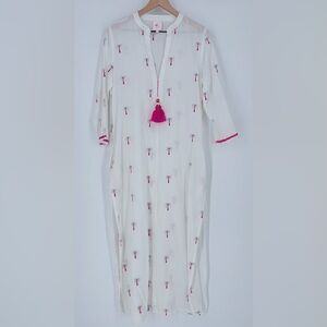 Nimo With Love White Pink Palm Tree Embroidered Midi Ipanema Maxi Kaftan